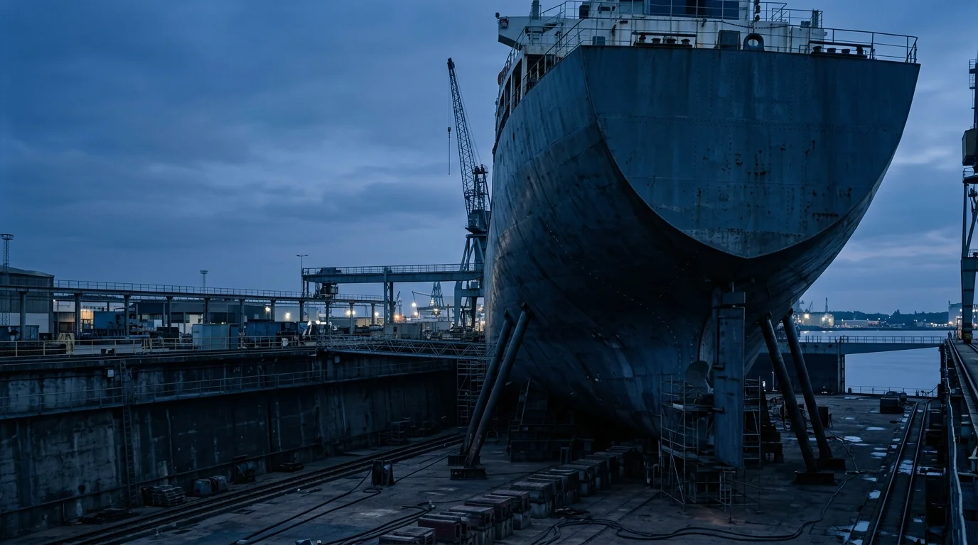 Stalen scheepsromp in een droogdok tijdens het blauwe uur