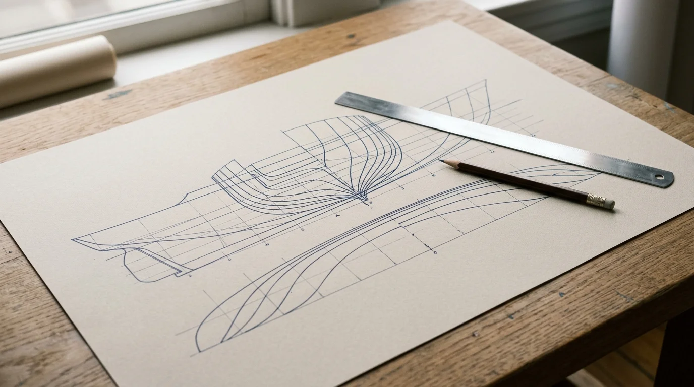 Technische tekening van een scheepsromp met liniaal en potlood