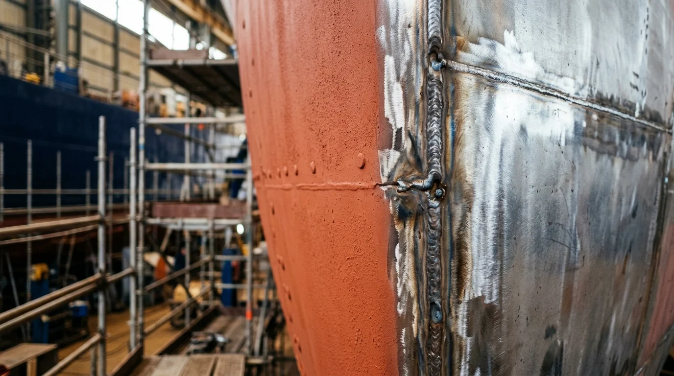 Rompsectie van een schip tijdens de revisie in een scheepswerfhal